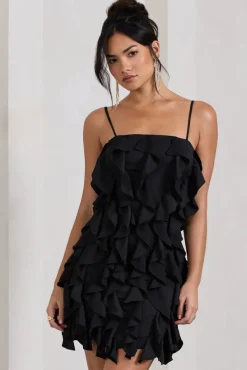 It Girl | Black Bandeau Bodycon Mini Dress With Ruffles
