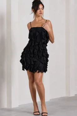 It Girl | Black Bandeau Bodycon Mini Dress With Ruffles