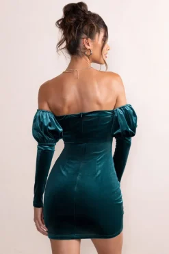 Ivy | Teal Velvet Cut Out Mini Dress With Ruffle Sleeves