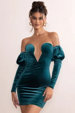 Ivy | Teal Velvet Cut Out Mini Dress With Ruffle Sleeves