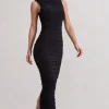 Jaded | Black Bodycon Ruched High-Neck Open-Back Maxi Dress