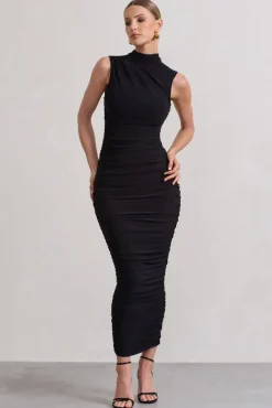 Jaded | Black Bodycon Ruched High-Neck Open-Back Maxi Dress