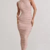 Jaded | Champagne Bodycon Ruched High-Neck Open-Back Maxi Dress