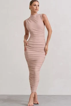 Jaded | Champagne Bodycon Ruched High-Neck Open-Back Maxi Dress