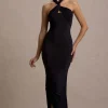 Jaiya | Black Ruched Halter-Neck Asymmetric Maxi