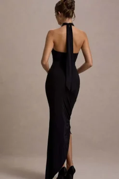 Jaiya | Black Ruched Halter-Neck Asymmetric Maxi