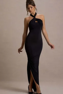 Jaiya | Black Ruched Halter-Neck Asymmetric Maxi