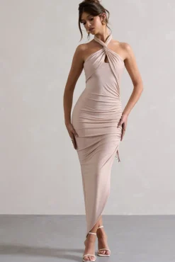 Jaiya | Champagne Ruched Halter-Neck Asymmetric Maxi