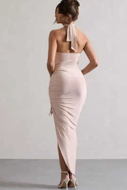 Jaiya | Champagne Ruched Halter-Neck Asymmetric Maxi