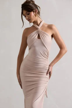 Jaiya | Champagne Ruched Halter-Neck Asymmetric Maxi