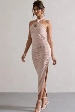 Jaiya | Champagne Ruched Halter-Neck Asymmetric Maxi