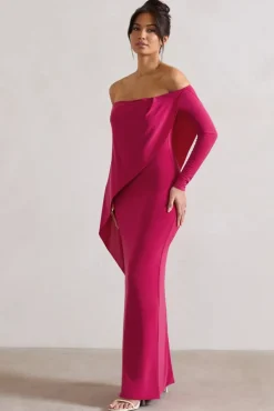 Jana | Dark Pink Bardot Cape Maxi Dress