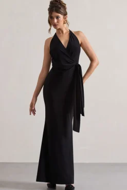 Janelle | Black Halter-Neck Gathered Drape Maxi Dress