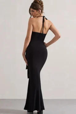 Janelle | Black Halter-Neck Gathered Drape Maxi Dress