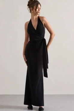 Janelle | Black Halter-Neck Gathered Drape Maxi Dress
