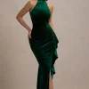 Janiya | Green Velvet High-Neck Ruffled Split Maxi Dress