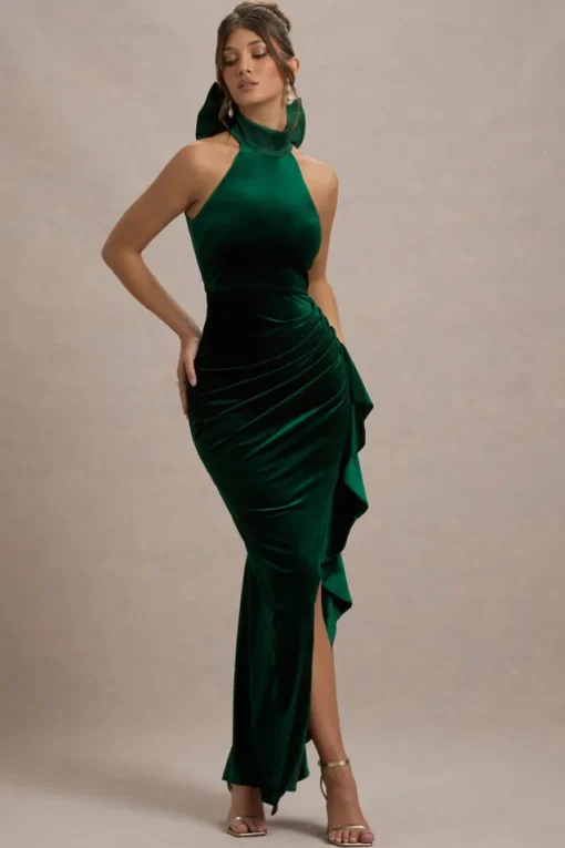 Janiya | Green Velvet High-Neck Ruffled Split Maxi Dress