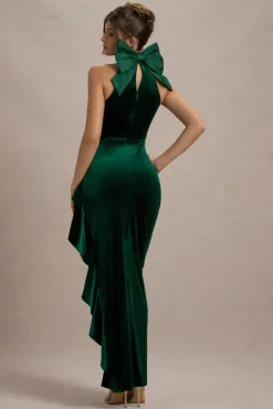 Janiya | Green Velvet High-Neck Ruffled Split Maxi Dress