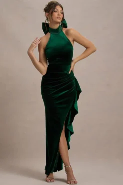 Janiya | Green Velvet High-Neck Ruffled Split Maxi Dress