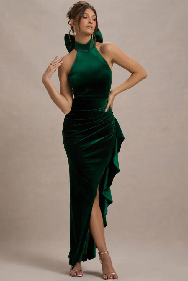 Janiya | Green Velvet High-Neck Ruffled Split Maxi Dress
