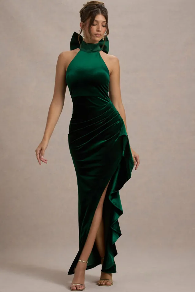 Janiya | Green Velvet High-Neck Ruffled Split Maxi Dress
