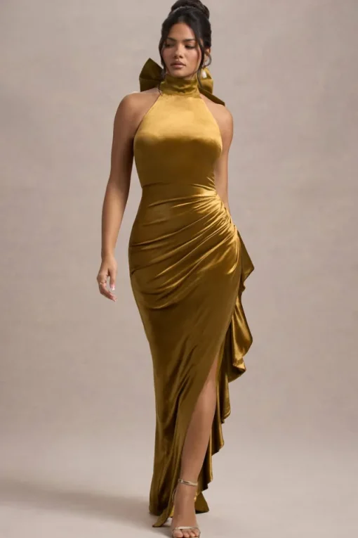 Janiya | Mustard Velvet High-Neck Ruffled Split Maxi Dress