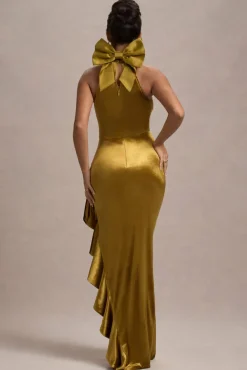 Janiya | Mustard Velvet High-Neck Ruffled Split Maxi Dress