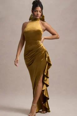 Janiya | Mustard Velvet High-Neck Ruffled Split Maxi Dress