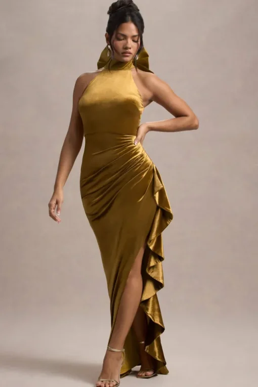 Janiya | Mustard Velvet High-Neck Ruffled Split Maxi Dress