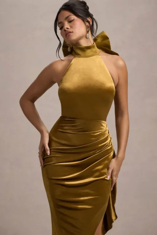 Janiya | Mustard Velvet High-Neck Ruffled Split Maxi Dress