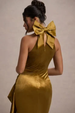 Janiya | Mustard Velvet High-Neck Ruffled Split Maxi Dress