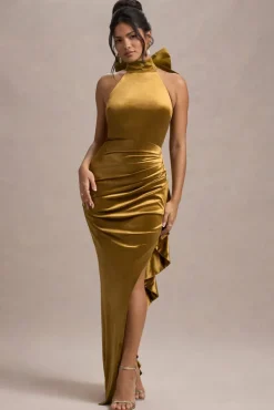 Janiya | Mustard Velvet High-Neck Ruffled Split Maxi Dress