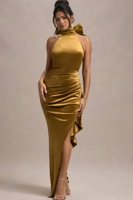 Janiya | Mustard Velvet High-Neck Ruffled Split Maxi Dress