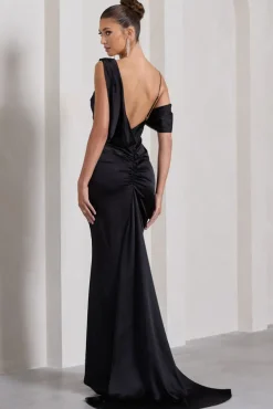 Jayne | Black Satin Asymmetric Draped Split Maxi Dress