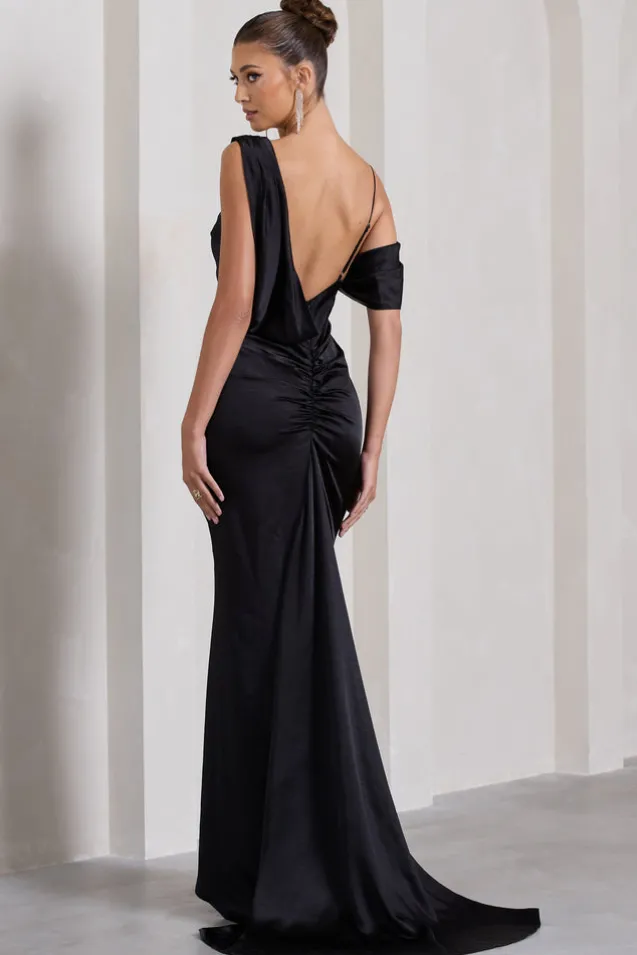 Jayne | Black Satin Asymmetric Draped Split Maxi Dress