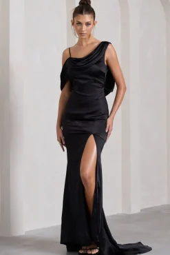 Jayne | Black Satin Asymmetric Draped Split Maxi Dress