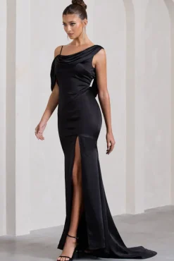 Jayne | Black Satin Asymmetric Draped Split Maxi Dress