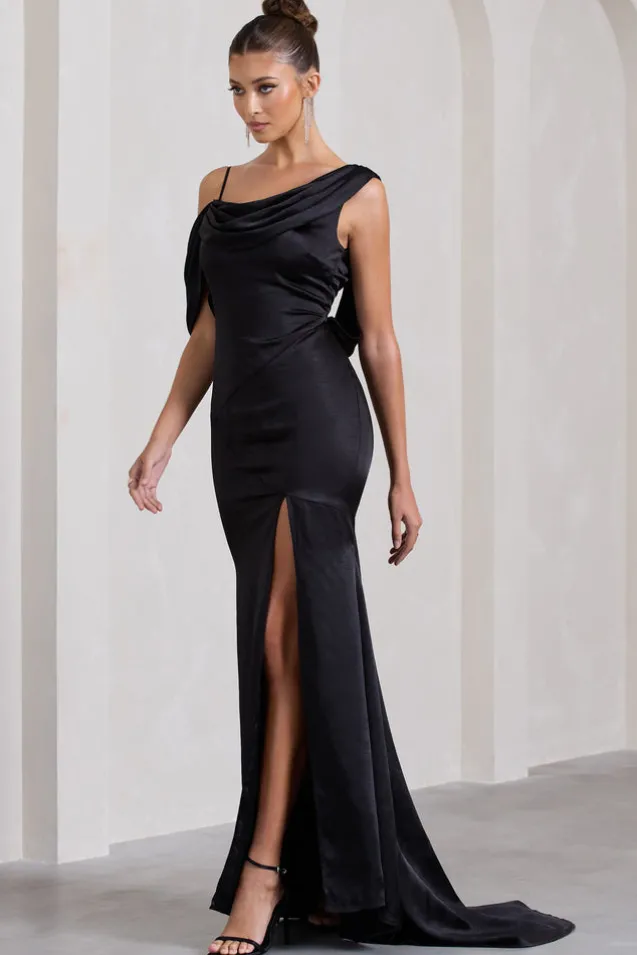Jayne | Black Satin Asymmetric Draped Split Maxi Dress