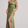 Jayne | Olive Satin Asymmetric Draped Split Maxi Dress