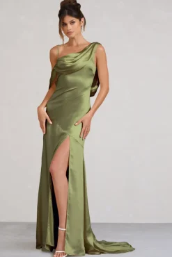 Jayne | Olive Satin Asymmetric Draped Split Maxi Dress