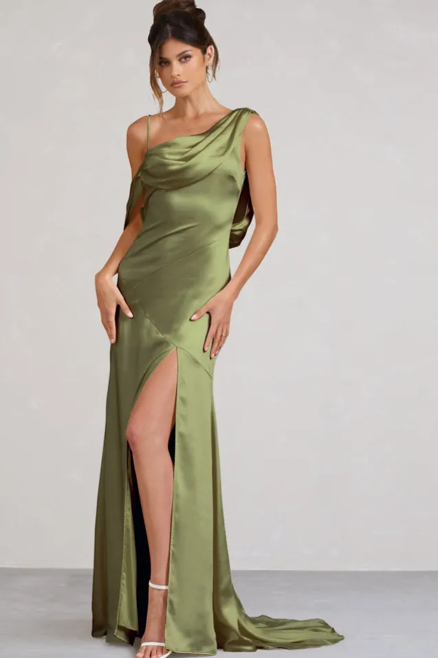 Jayne | Olive Satin Asymmetric Draped Split Maxi Dress