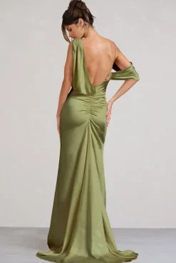 Jayne | Olive Satin Asymmetric Draped Split Maxi Dress