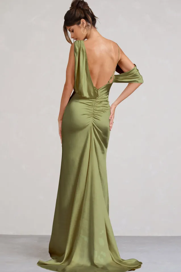Jayne | Olive Satin Asymmetric Draped Split Maxi Dress