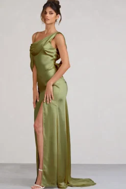 Jayne | Olive Satin Asymmetric Draped Split Maxi Dress