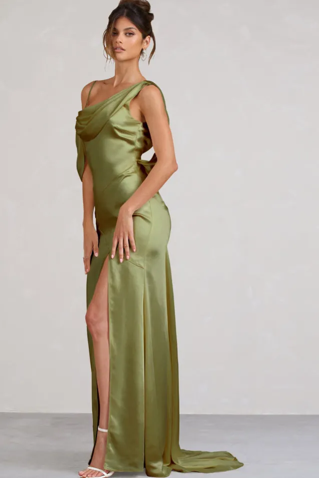 Jayne | Olive Satin Asymmetric Draped Split Maxi Dress