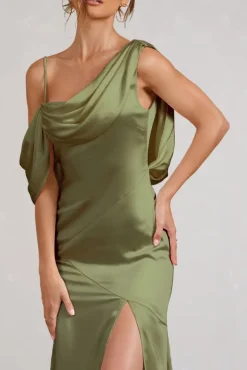 Jayne | Olive Satin Asymmetric Draped Split Maxi Dress
