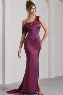 Jayne | Plum Satin Asymmetric Draped Split Maxi Dress