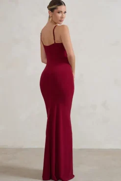 Jeanne | Berry Red Plunge Ruched Cami Maxi Dress With Split