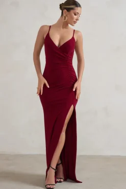 Jeanne | Berry Red Plunge Ruched Cami Maxi Dress With Split