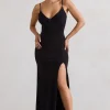 Jeanne | Black Plunge Ruched Cami Maxi Dress With Split